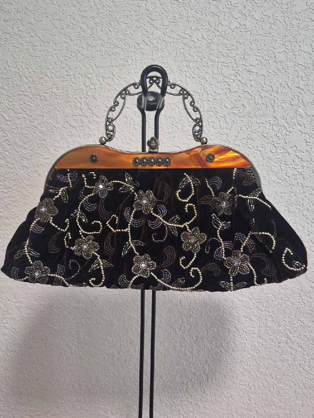 VINTAGE Elegant Dark Brown Velvet Beaded Floral Evening Bag EUC